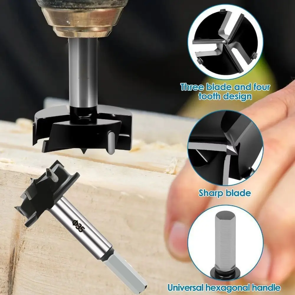 Apri foro cerniera a 3 flauti Punta in metallo duro da 35 mm Limite regolabile Punta da trapano per la lavorazione del legno Punta da trapano professionale per posizionamento cerniera esagonale