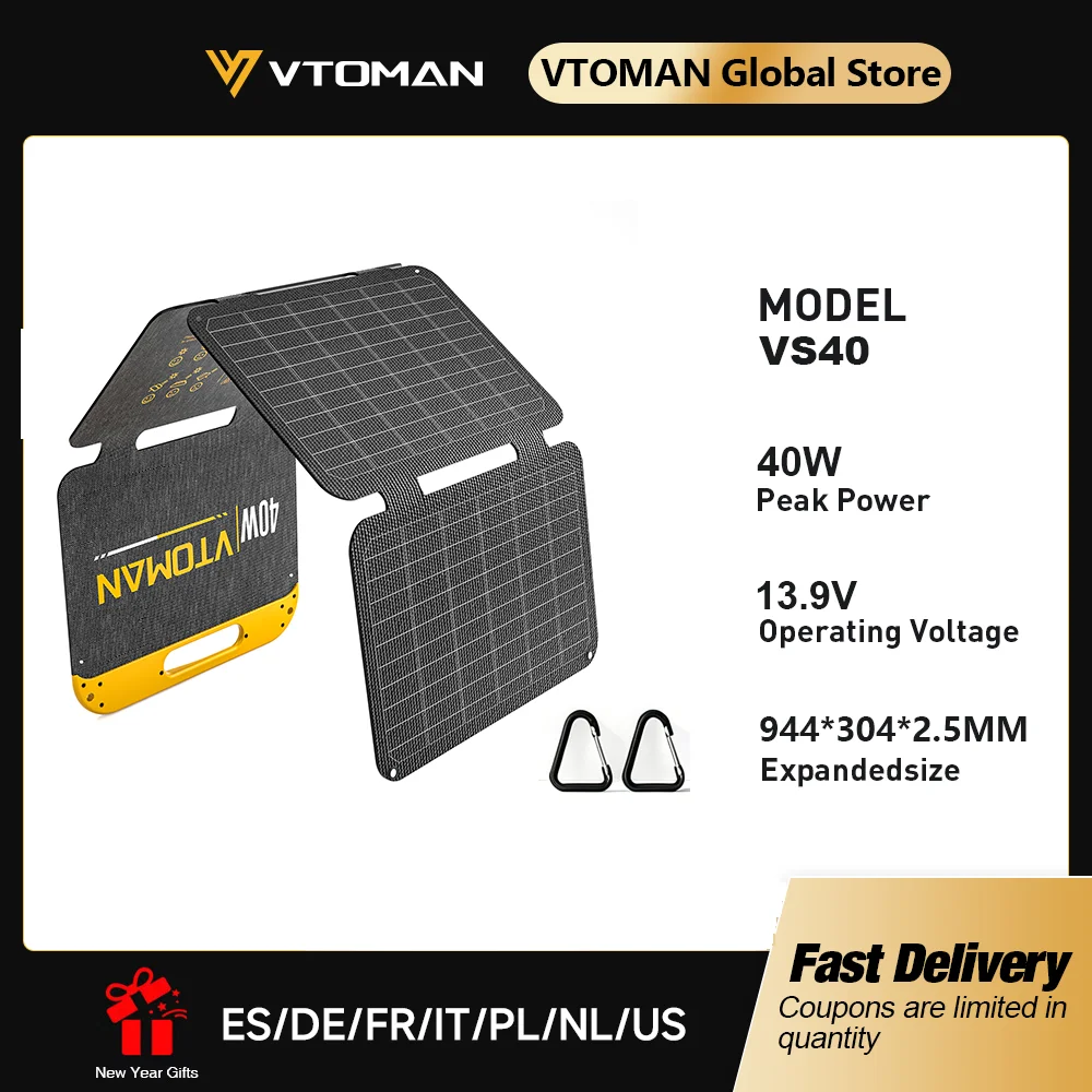 VTOMAN Faltbares 40W Solarpanel, Tragbares Kleines Wasserdichtes Solarladegerät mit USB-C und USB-A Ausgängen für Handy, Tablet, Jump 100/FlashSpeed300 - Für Camping, Reisen und Wandern