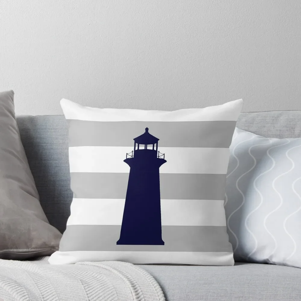 

Nautical Navy Blue Lighthouse On Silver Gray Stripes Throw Pillow Cushion Cover Luxury pillow