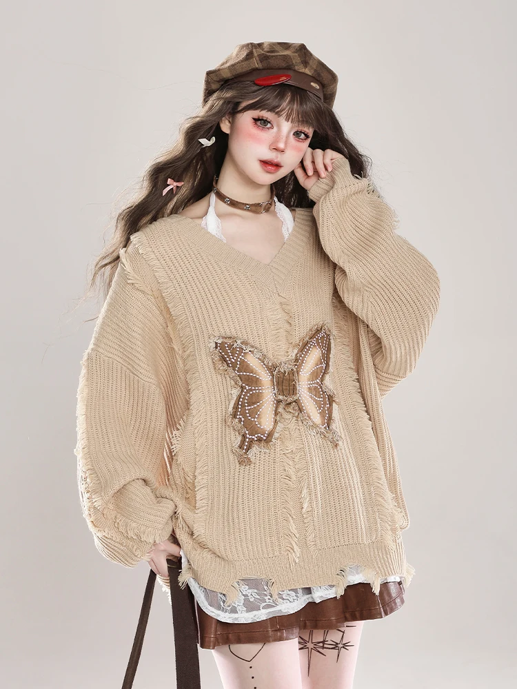 Street Punk Personality Y2k Sweater Women's Hollow V-Neck Long Sleeve Knitted Sweater Jumper Autumn Skinny Sweaters Outer Wear