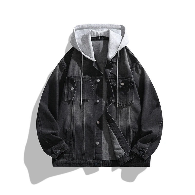 Chaqueta de mezclilla con capucha para hombre, estilo urbano, holgada, para primavera y otoño, con cuello vuelto, informal, de moda, con gorro desmontable