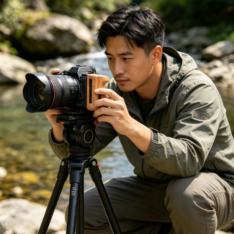 Wooden Side Handle Accessory for Camera Use with Warm Touch and Rounded Top Rest, Ergonomic Grip for Handheld Video Work Daily