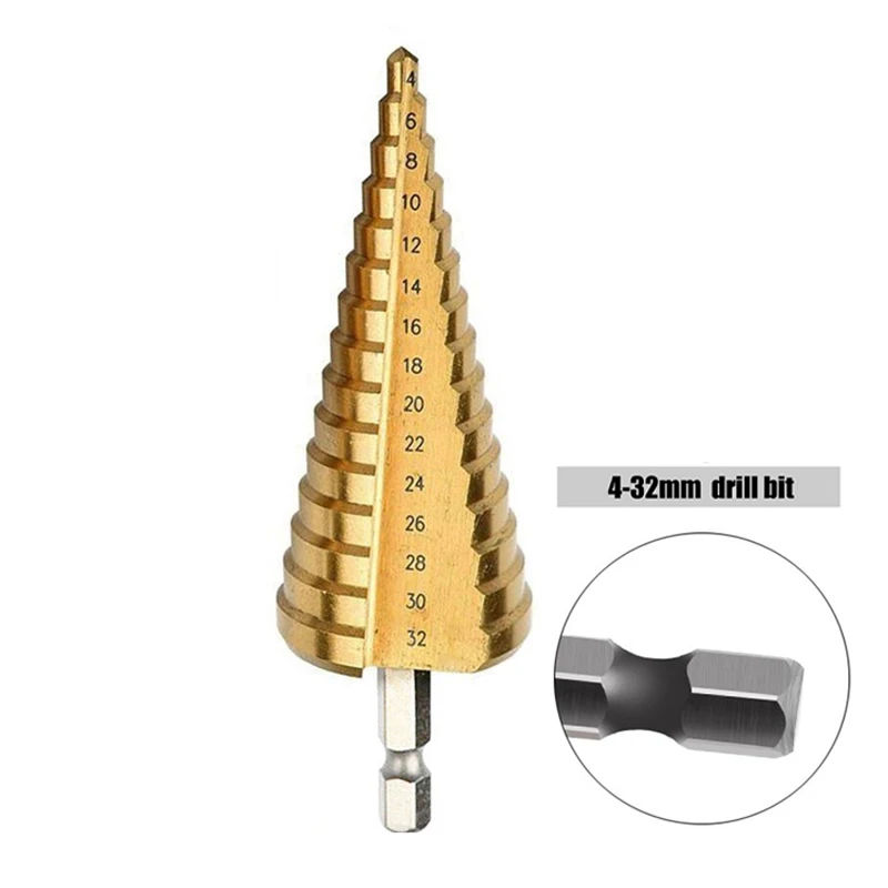 

4-32mm Step Drill Bit for Wood Titanium Coated Hard Metal Drills Hole Punch Cutter Tools Hss Hex Straight Groove Core Drill Bits