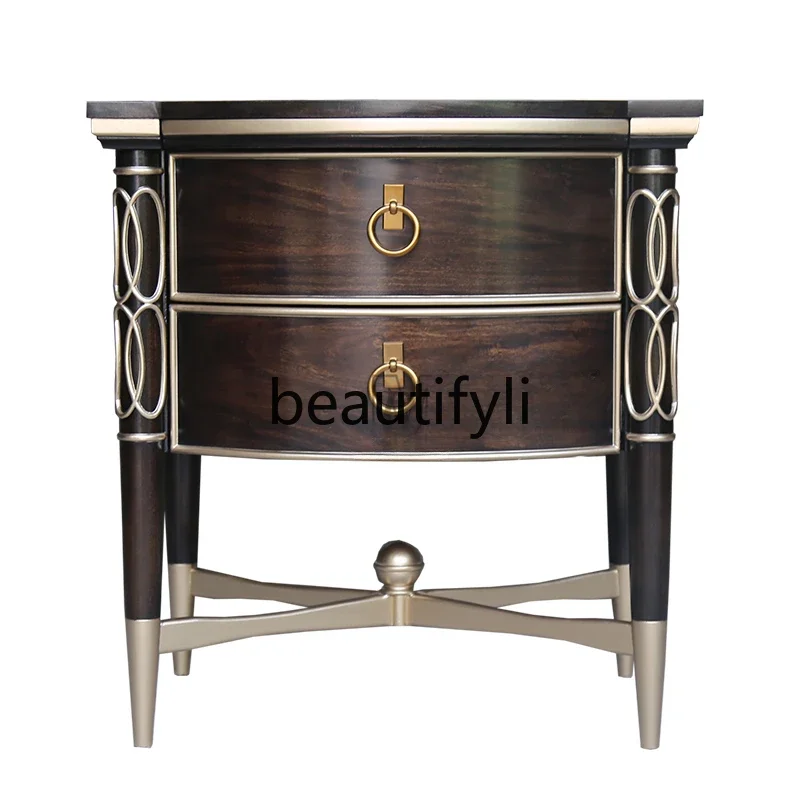 American light luxury solid wood bedside table dark coffee master bedroom Everly French art outfit