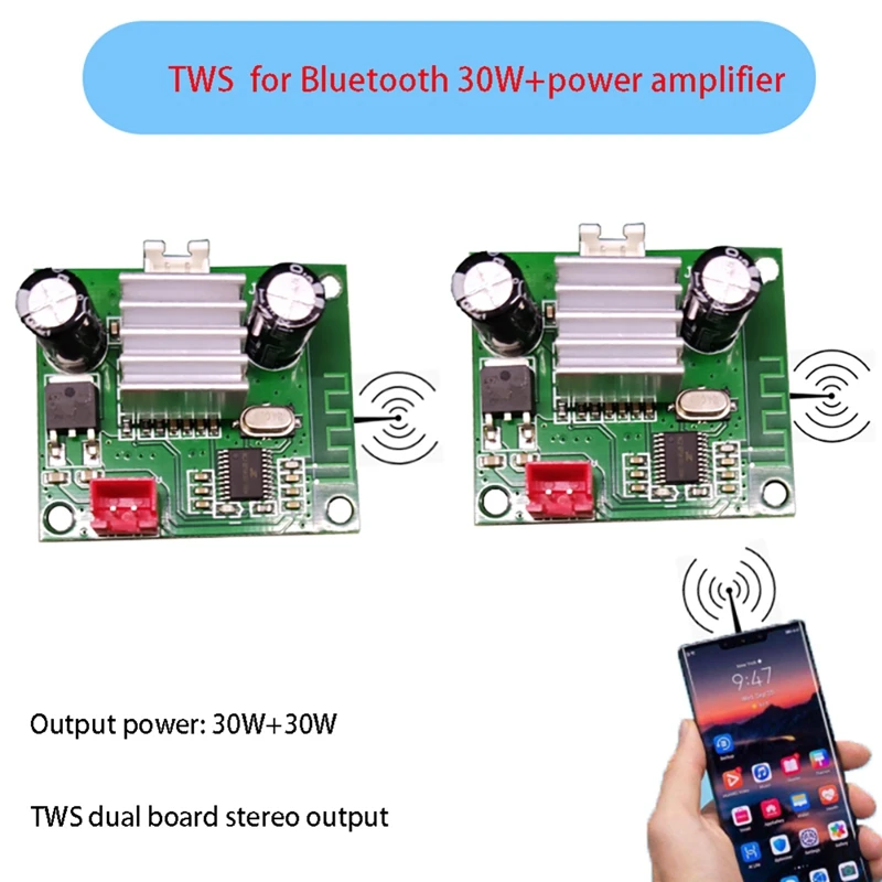 مكبر صوت ستريو TWS ذو اتجاهين ، مضخم طاقة بالبلوتوث ، لوحة وحدة الصوت ، مستقبل الصوت ، تثبيت سهل ، 30 وات + 30 وات ، 2