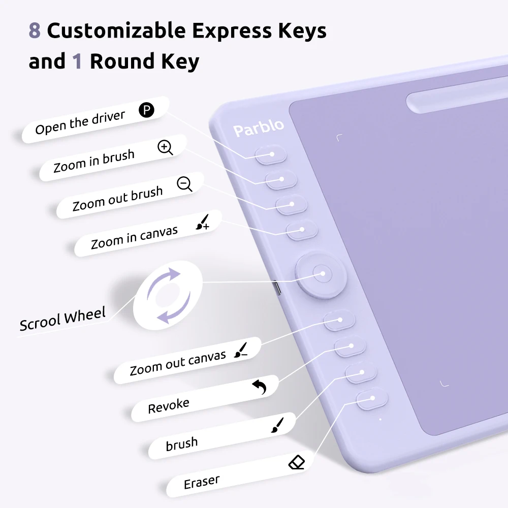 Parblo Intangbo M Drawing Tablet, 8192 Levels Battery-Free Pen and 8 Hot-Keys Digital Art Tablet for Drawing Illustration