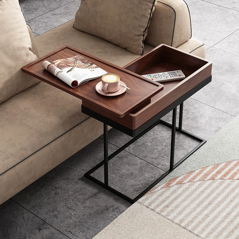 LL Living Room Removable Side Table Walnut Color Rotatable Tray Storage Corner Table