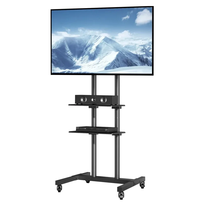 SucceBuy Mobile TV Stand Height Adjustable TV Stand w/ Wheels Double Tray for Audio-Visual Devices Rolling TV Stand for Bedroom
