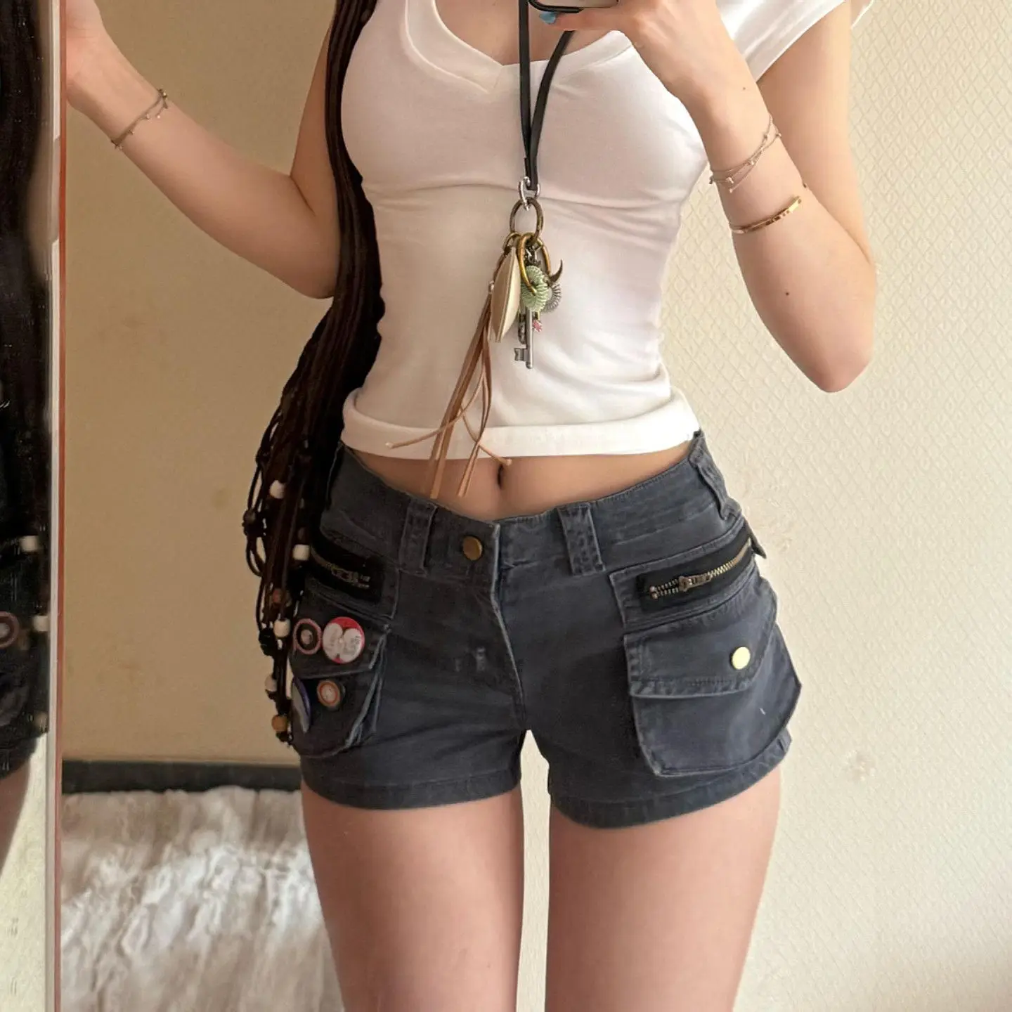 Retro Low Waist Denim Shorts Women's Street Style Hot Pants Tight Elastic Multi Pocket Bodycon Casual Shorts Cotton Blend