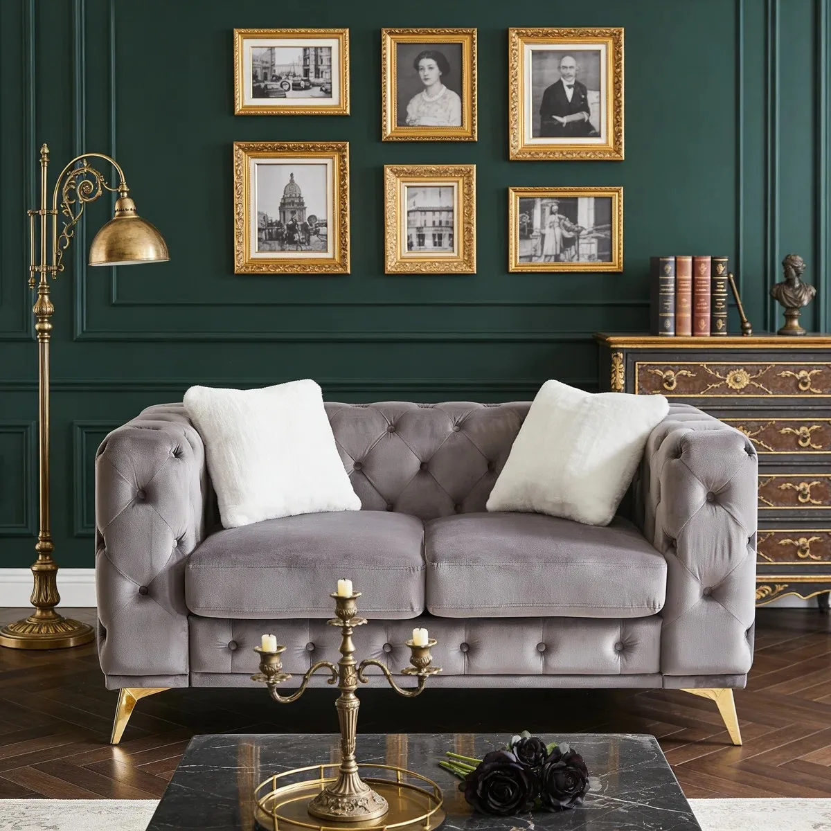 

#Luxury Grey Velvet Button Tufted 2 Seater Love Seat Sofa, Modern Upholstered Couch with Gold Legs for Living Room, Apartment