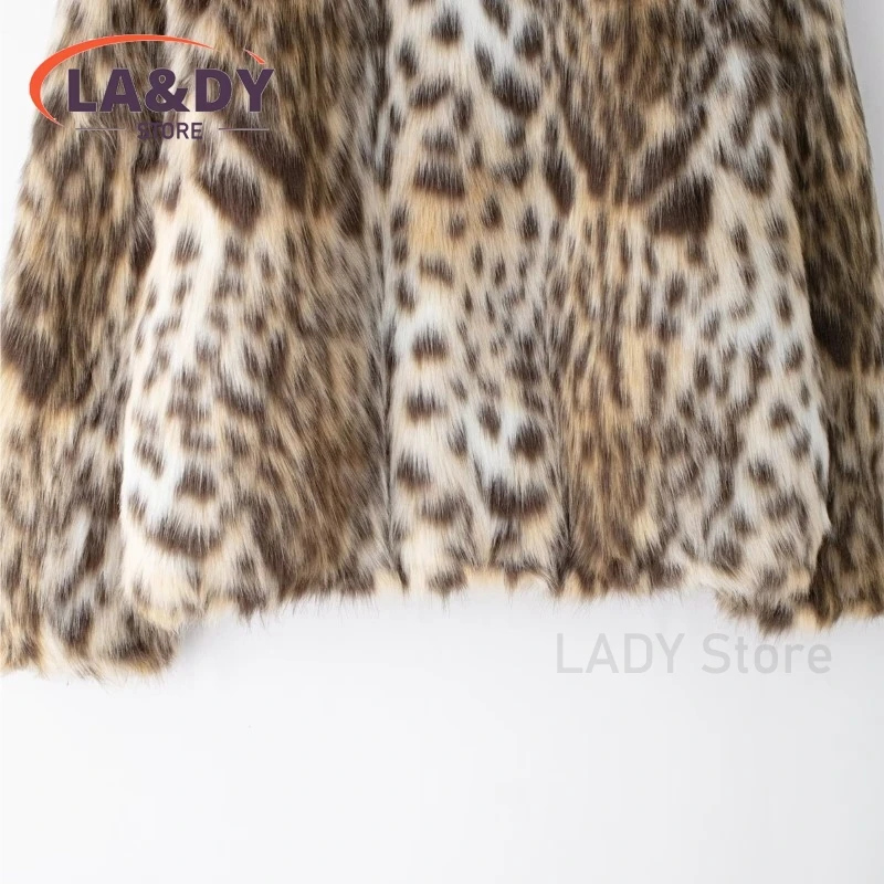 2024 Winter Women Fashion Leopard Print Thickening Faux Fur Jackets Female Casual Long Sleeve Warm Outerwear Tops