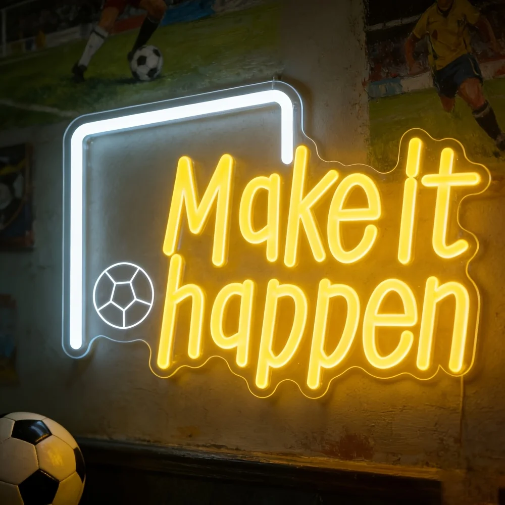 Make It Happen Soccer Goal Neon Sign Yellow White LED Wall Art USB Powered Sports Room Man Cave Gym Decor Football Fan Gift