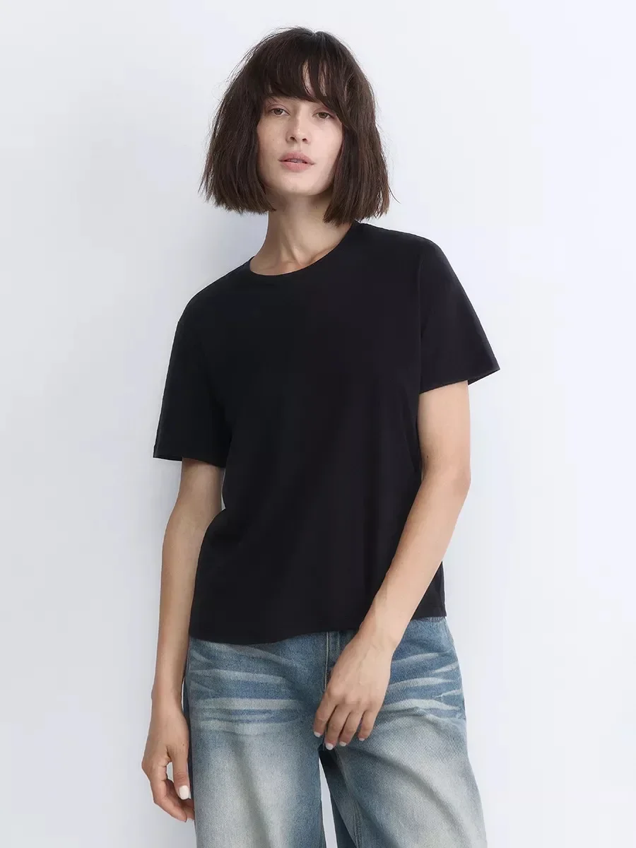 Sumuyoo 100% Cotton Summer Women's T-shirt Bottoming Basic Fashionable Lady Solid Short Sleeve Loose Tops Shirts 180g/㎡ Tops