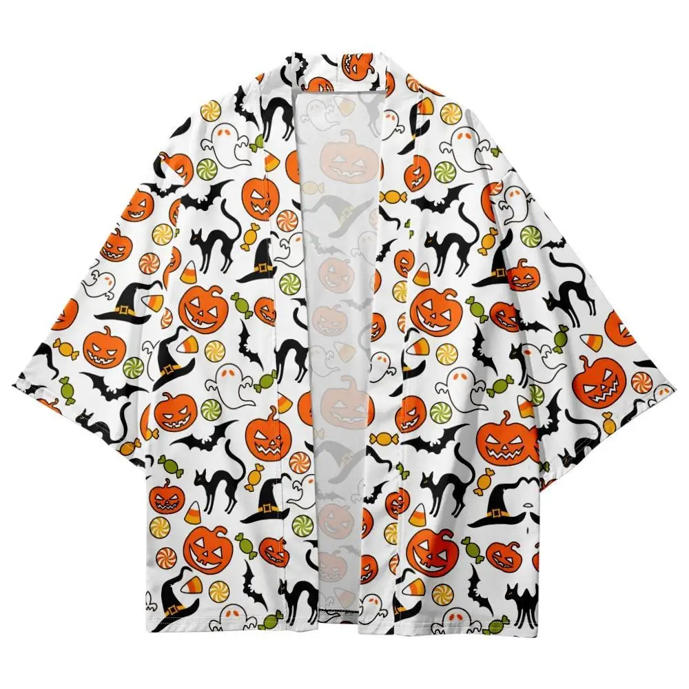 

Plus Size 4XL 5XL 6XL Fashion Halloween Cat Print White Cardigan Kimono Women Yukata Harajuku Streetwear Haori Cosplay Clothes