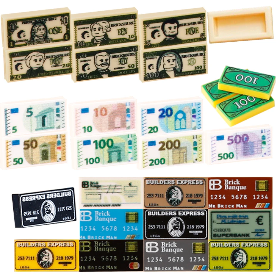 Dollar Euro Building Blocks Money Printed Tiles Bank Card Diamond Pirate Precious Deposits Treasure Hunting Map Bricks Toys Gift