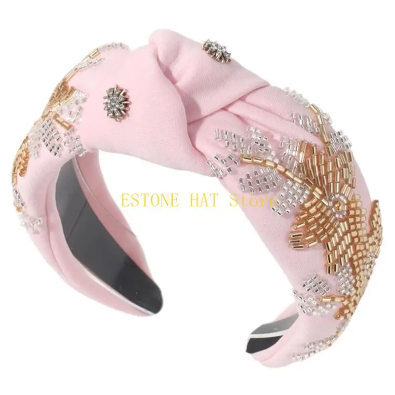 

49MF Knotted Bead Headband Women Aesthetic Wide Turban Hairhoop Decorative Hairbands