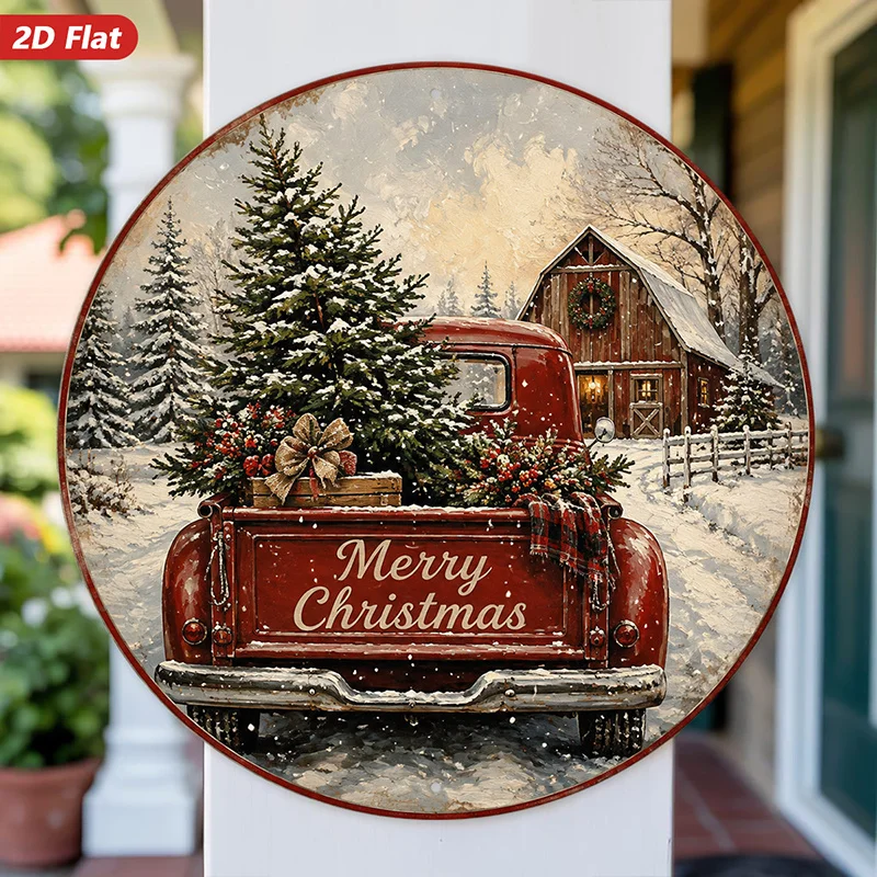2D Flat, 1pc Christmas Pickup Truck Round Metal Sign Wall Art, Merry Christmas Message, Home Decor, Ideal for Living Room Garden