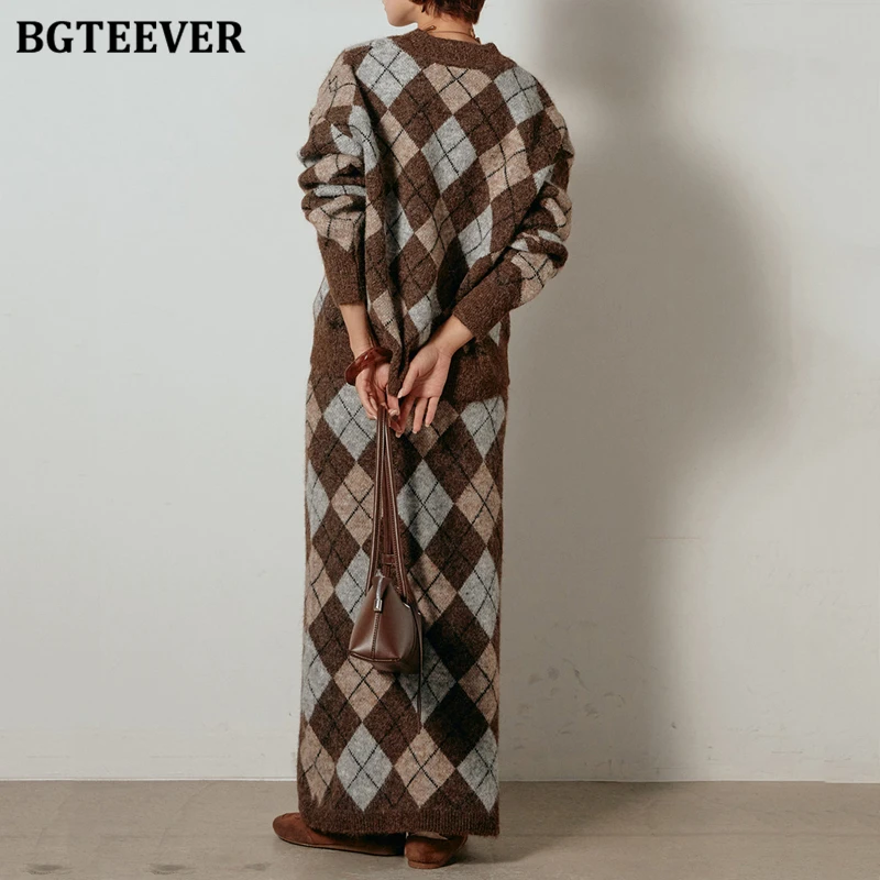 BGTEEVER Vintage Plaid Women Knitted Skirt Suits O-neck Long Sleeve Sweaters & Hip Package Skirts Autumn Winter
