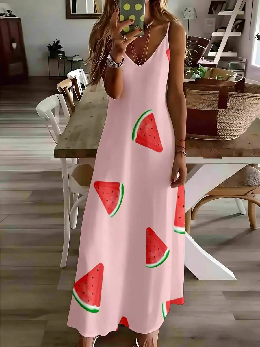 

Watermelon Print Sleeveless V Neck Midi Dress Women Summer Casual Loose Fit