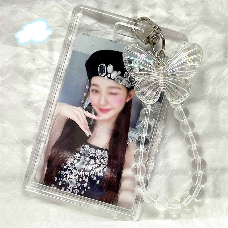 INS Crystal Butterfly Photocard Holder Key Chain Transparent Acrylic Idol Card Sleeve Vertical Bus Student Card Cover Stationary