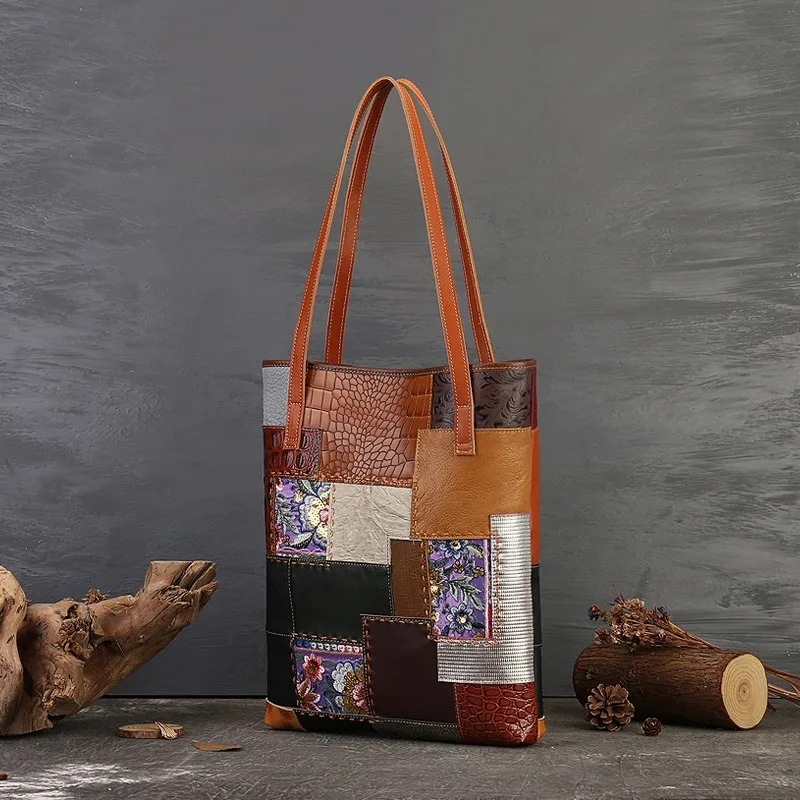 Vintage Large Work Tote Bag for Women Genuine Leather Handcrafted Patchwork Contrast Color Top Handle Luxury Shoulder Bag