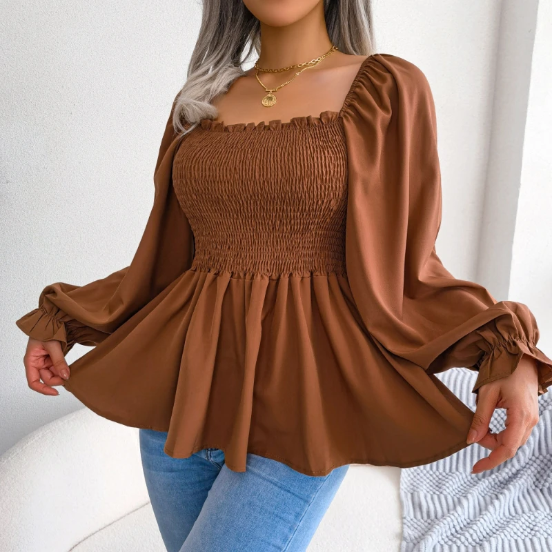 Real Time Shooting of Spring and Summer Casual Mushroom Edge Square Collar Long Sleeved Chiffon Shirt for Women