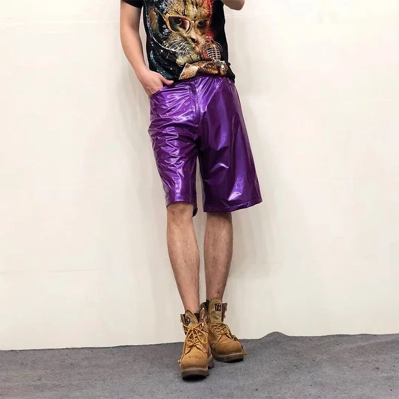 Shiny Faux Leather Men\'s Elastic Shorts Male With Pocket Chic Solid Color Patent PU Short Pants New Street Short Trousers Custom