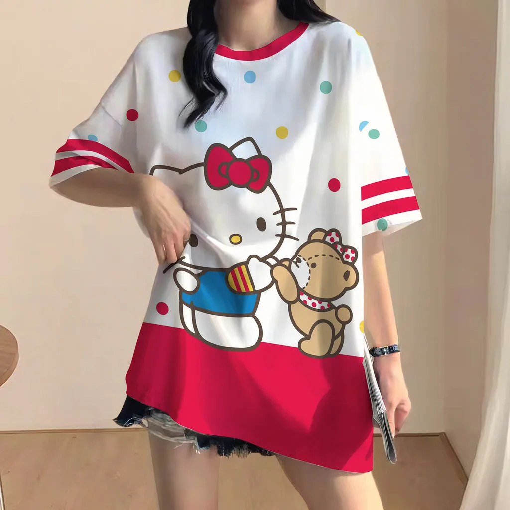 

Women's Hello Kitty Graphic Tee Oversized Short Sleeve Shirt with Bold Red HELLO KITTY Print Cute Cartoon Character Design