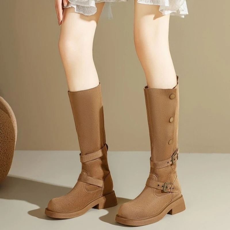 

Женские модные ботинки на толстом каблуке, весенние новые нескользящие износостойкие высокие сапоги с квадратной пряжкой