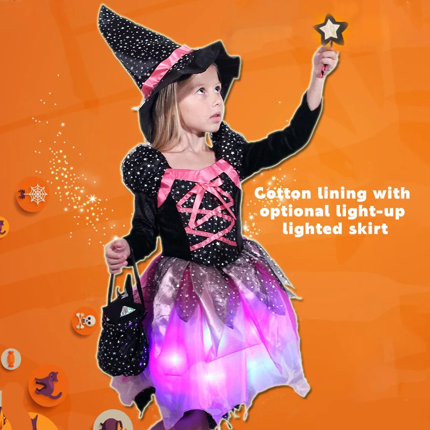 

Girl Light Up Witch Costume With Hat and Doll Cat Magic Wand For Kids Halloween Dress Up Cos Masquerade Performance