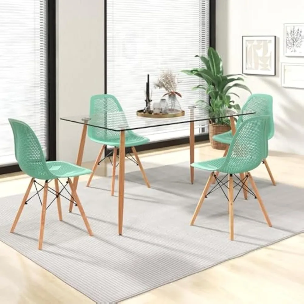 5-Piece Dining Table Set, Modern Dinette Set of 5, Table & Chair Set for 5, Rectangular Glass Dining Table & 4 Green Mesh Chairs