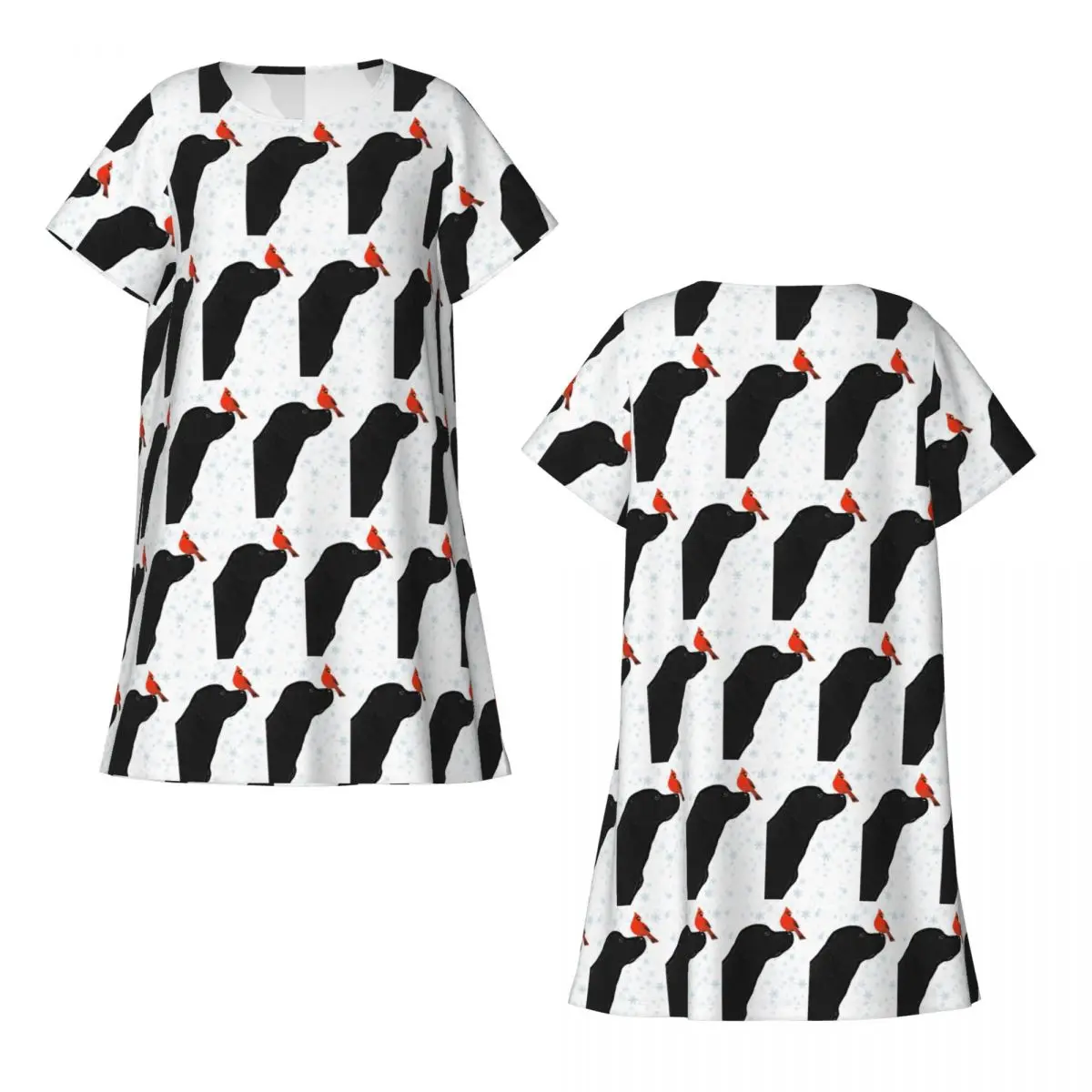 Black Labrador Christmas And Cardinal Bird Short Sleeves Nightdress For Sleeping Women Short Sleeve Nightgowns Pajama Dress