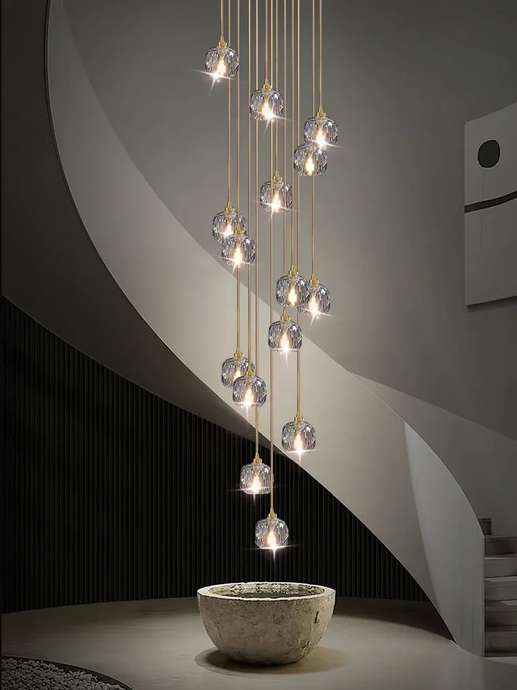 2024 Modern Luxury Indoor Crystal Stainless Steel Staircase Chandelier Villa LED Chandelier Attic Kitchen Ceiling Chandelier