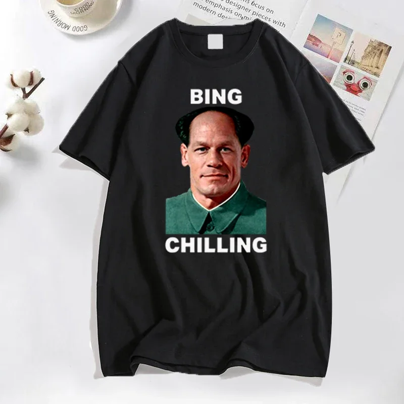 

John Xina Bing Chilling John Cena Vintage T Shirt Men Black Cotton Casual T-shirt Summer Short Sleeve Men's T-shirts Male Tops