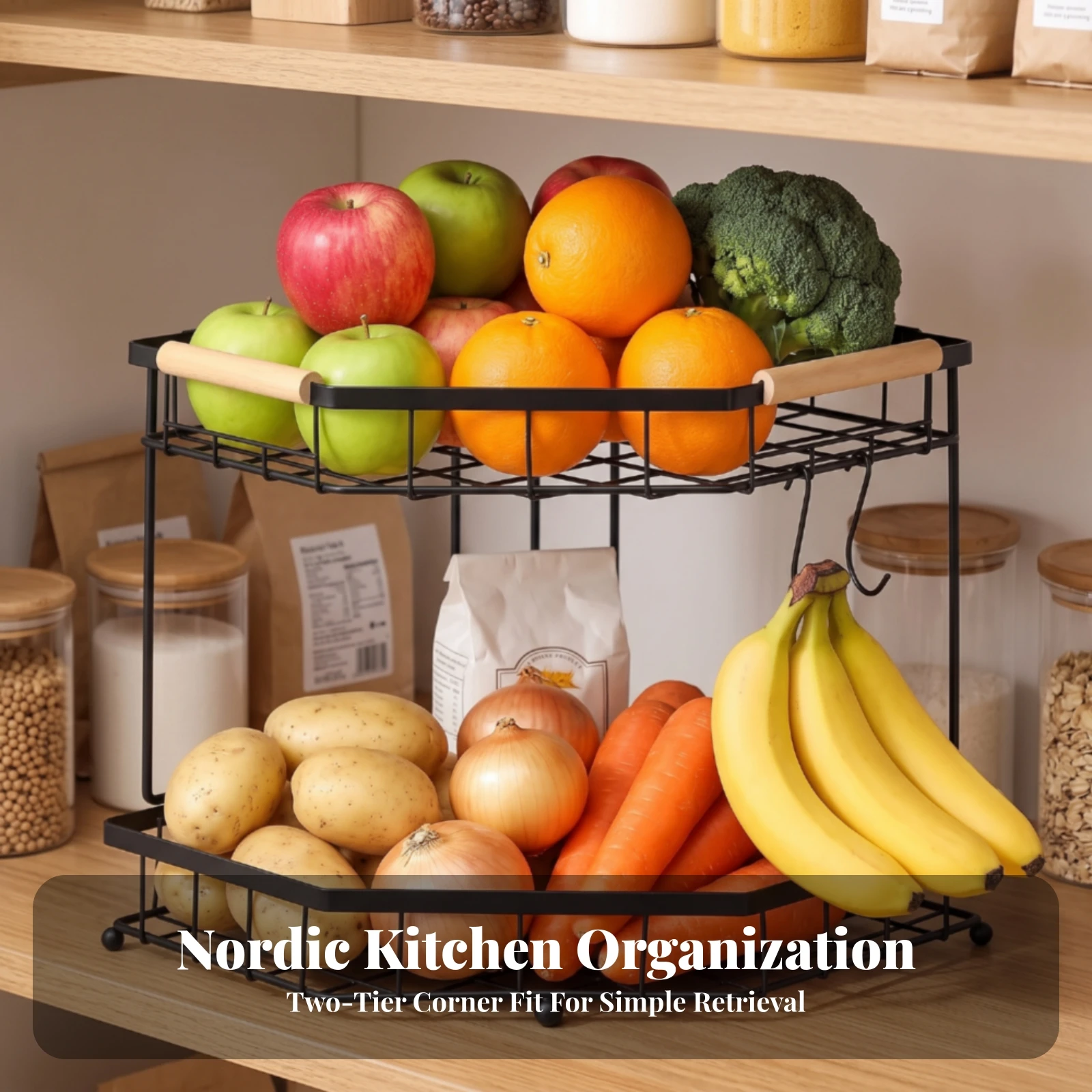 Corner Countertop Organizer Wire-Frame 2-Tier Corner Shelf Countertop Rack with Wood Handles Space-Saving Compact