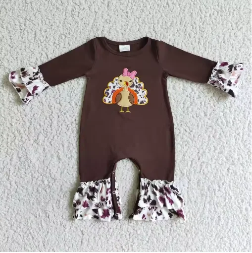 

Turkey Embroidery Pumpkin Clothing Baby Girl Newborn Snap Button Thanksgiving Long Sleeves Jumpsuit Kid Children Fall Romper