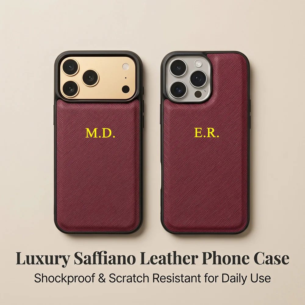 DIY Custom Text Logo Gold Foil Print Saffiano PU Phone Case Full Wrap Protection Shell for iPhone 15 16 17 18 Pro Max