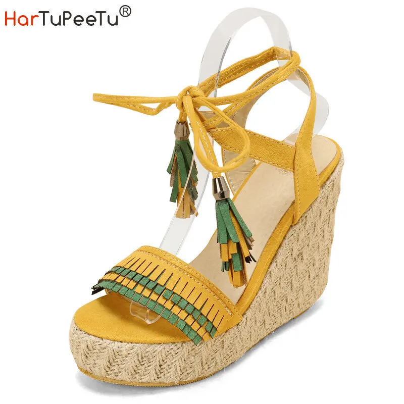 

Beach Dress Wedges Sandals Women Boho Bandage Platform Shoes Summer Flock Colours Block Casual High Heels Zapato Mujer