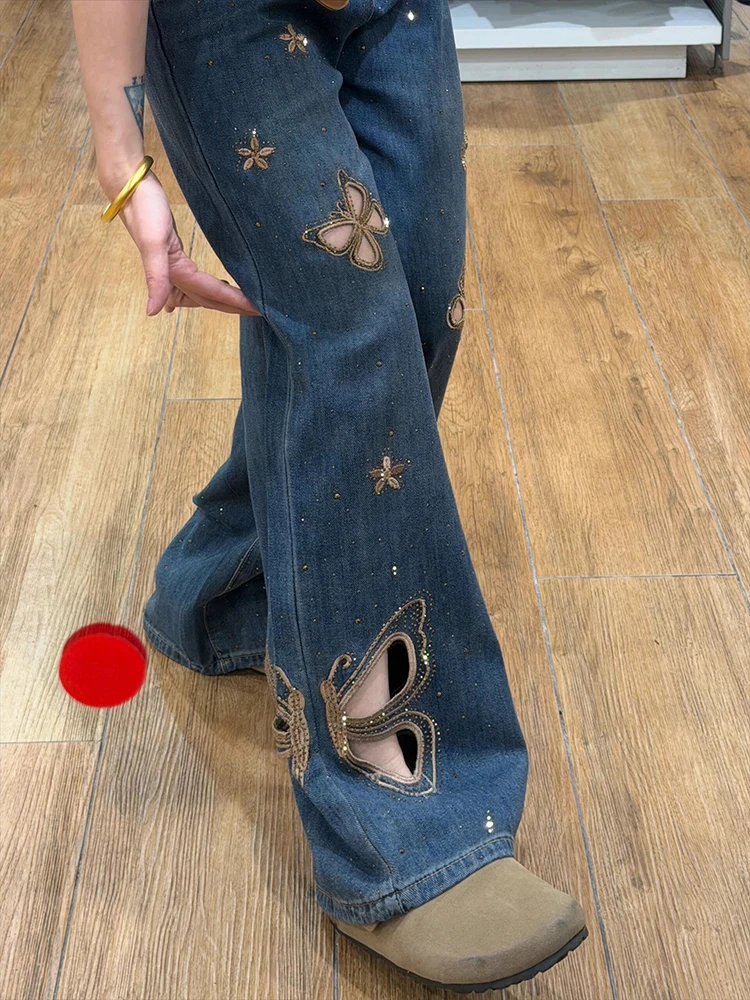 

High Waist Hollow out Heavy Duty Denim Jeans Women's Spring Summer Thin Straight Leg Wide Leg Pants Rhinestone