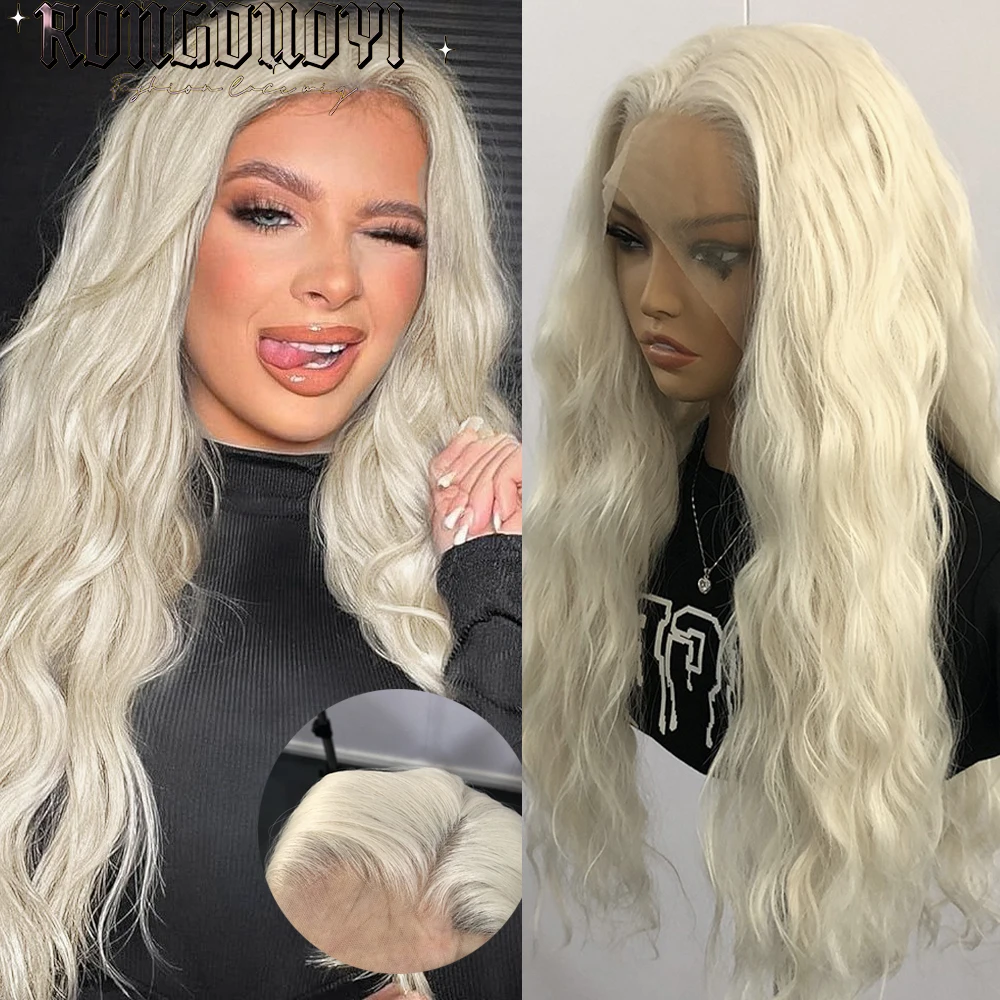 

Platinum Blonde Wave Wig Synthetic Lace Front Wigs Loose Curly Long White Blonde Wig Frontal Lace Wigs for Women Cosplay Party