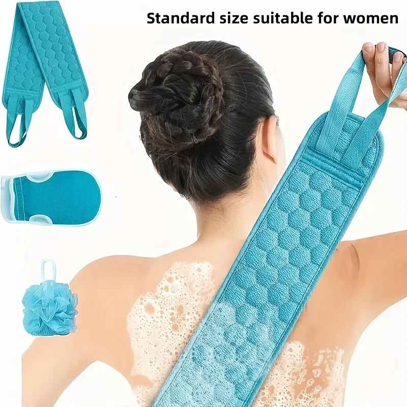 Bath Scrubber Set 3PCS Thick Exfoliating Towel with Back Strap for Deep Cleaning and Dead Skin Removal