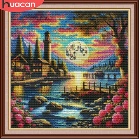 HUACAN Cross Stitch Suits House Landscape Embroidery Lake Peony Flower Forest Dmc Threads Hobby Craft 11Ct Art