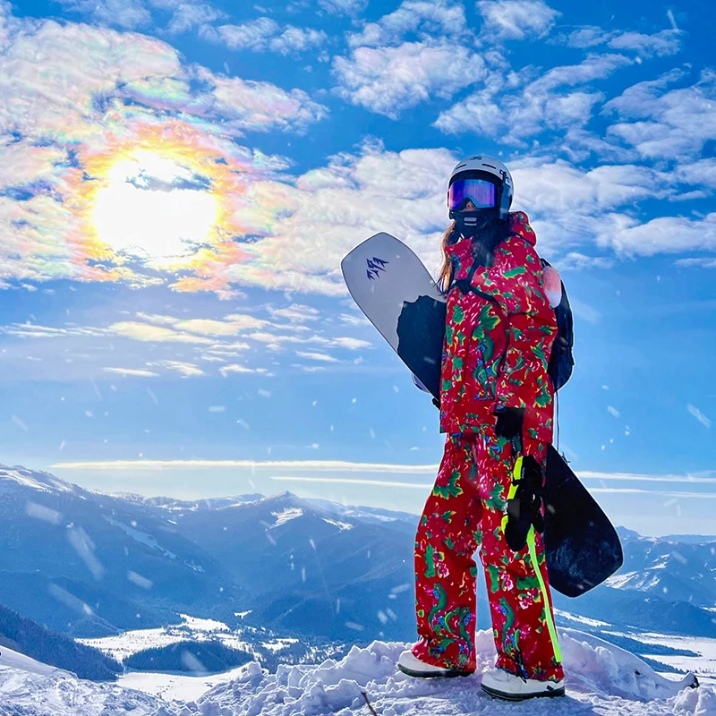 S-XXXL set pakaian salju Pria Wanita musim dingin ukuran Plus jaket Snowboard hangat dengan celana Motif bunga merah tahan air