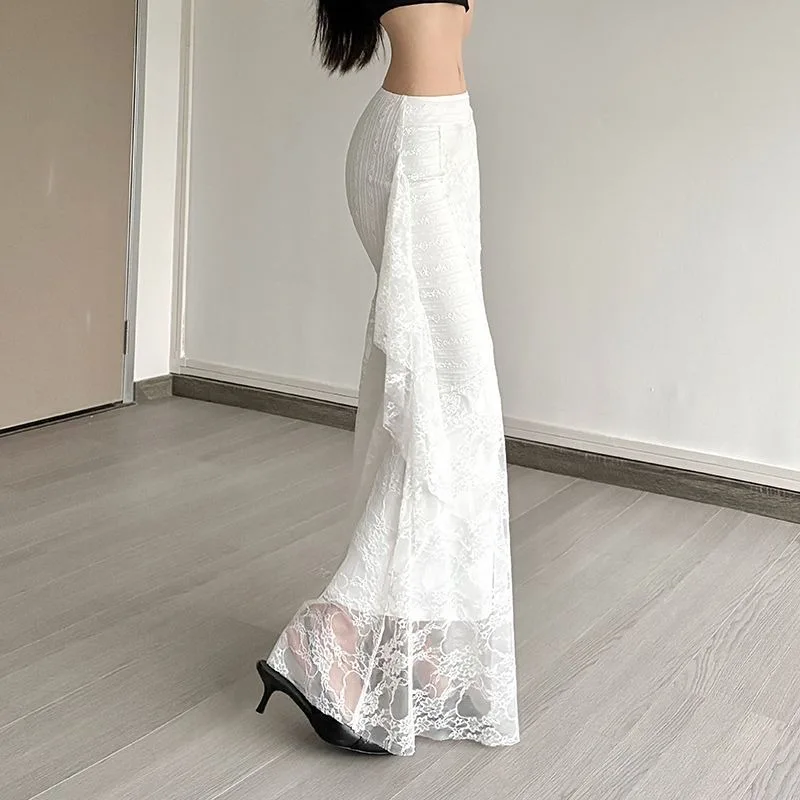 Solid Color Elastic High-waisted Lace Elegant Hip-covering Skirt Long Skirt for Women