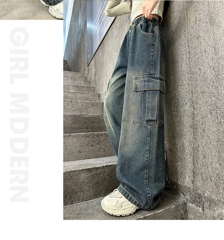 Mädchen Frühling Herbst Weitbein-Jeans 4-14 Jahre Kinder Teenager Elastische Hohe Taille Multi-Taschen Lose Lässige Streetwear-Hosen – Detail 12