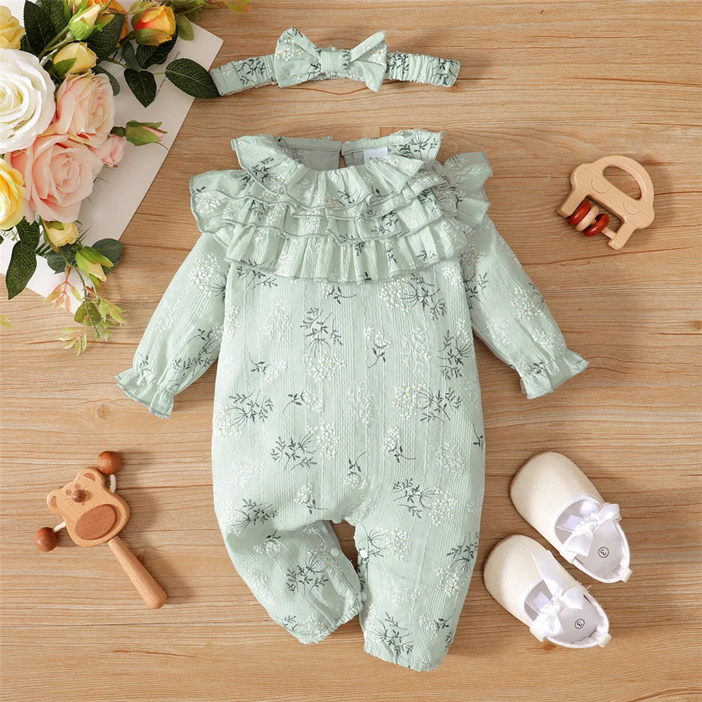 2PCS Baby Girl Toddler Floral Ruffle Long Sleeve Jumpsuit With Bow Headband For 0-18M Newborn Bodysuit Baby Clothing Outfit Set