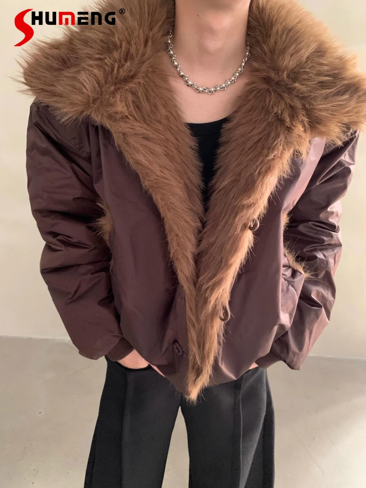 سترات رجالية جديدة لشتاء 2025 أنيقة بلون سادة وياقة من الفرو الصناعي سترات رجالية سميكة ودافئة بياقة واقفة معاطف من الفرو سترات متكاملة #1