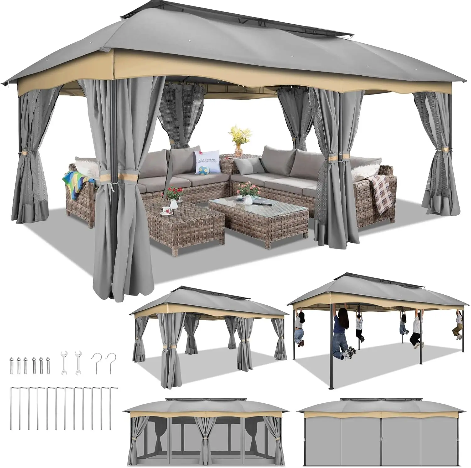 

12x20FTWaterproof Outdoor Gazebo on Clearance with Winter-Proof Curtains,Mosquito Netting,Double Roof and Heavy Duty Metal Frame