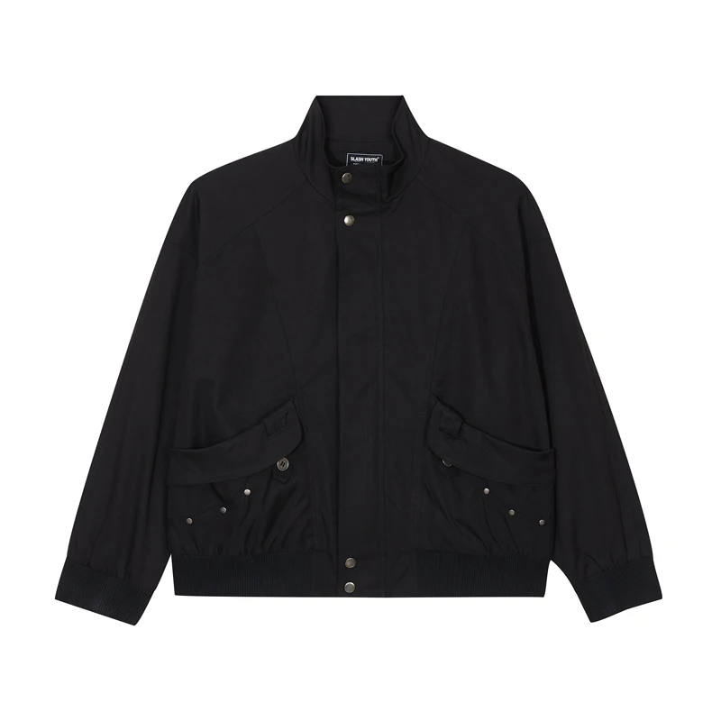 Men's Black Jacket Zipper Snap Button Closure Flap Pockets with Rivets Ribbed Cuffs Hem Casual Bomber Coat Streetwear Winter