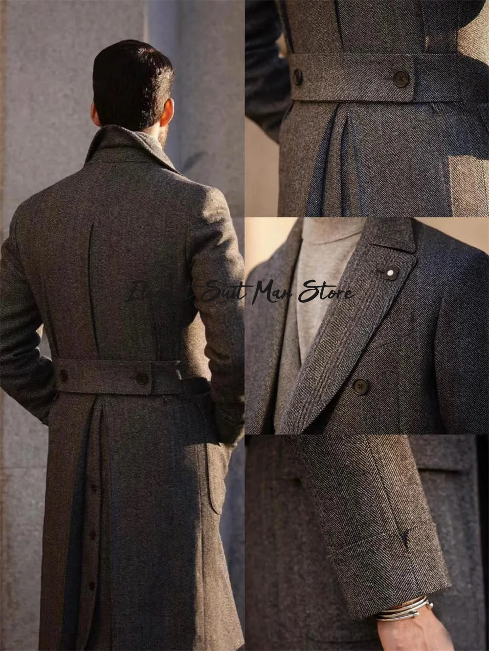 

Мужское длинное деловое пальто из итальянской шерсти в елочку, осень-зима, двубортные классические костюмы, длинные пальто
